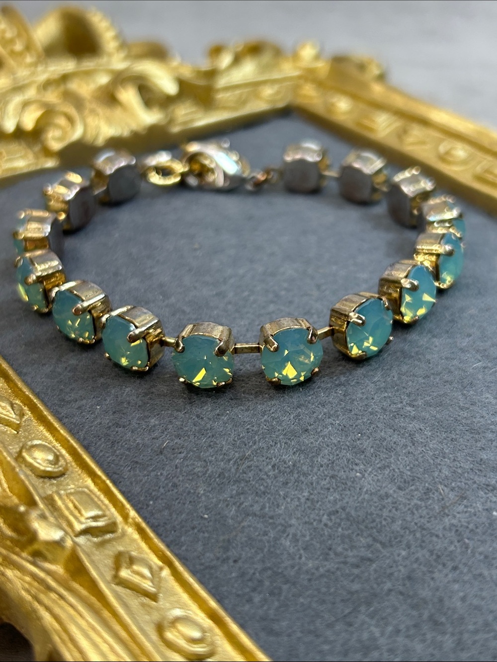 Gold Tennis Bracelet with Aqua Green Opal Crystals *See details on condition - Picture 3 of 9